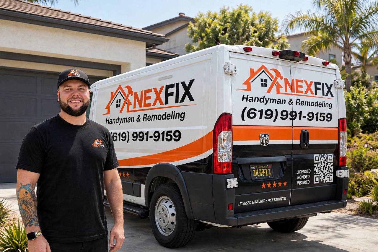NexFix representative beside the orange and black branded company van
