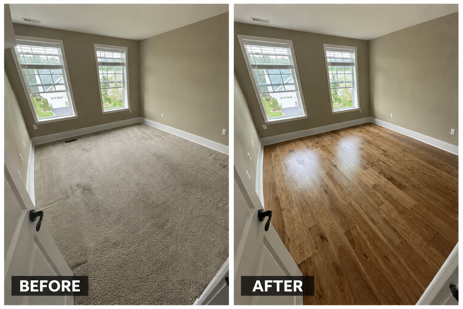 Before and after: Carpet replaced with warm wood-look flooring.