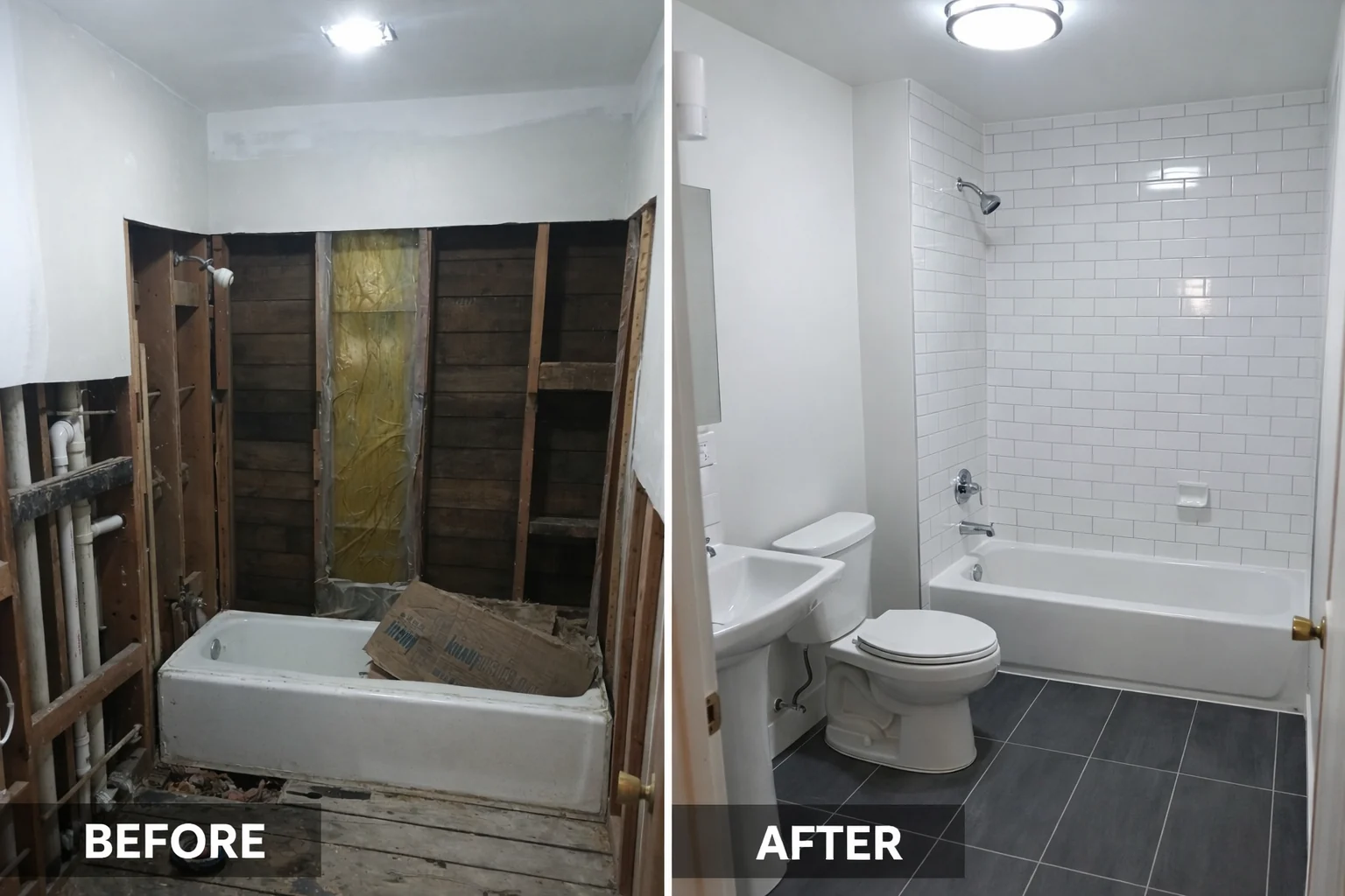 Before and after: White subway tile, a tub surround, and contrasting floor tile.