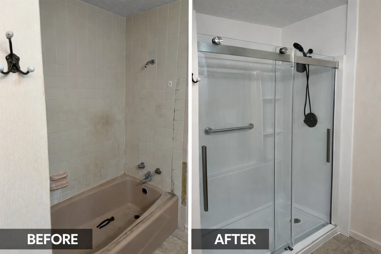 Before and after: A glass shower enclosure and a refreshed shower space.
