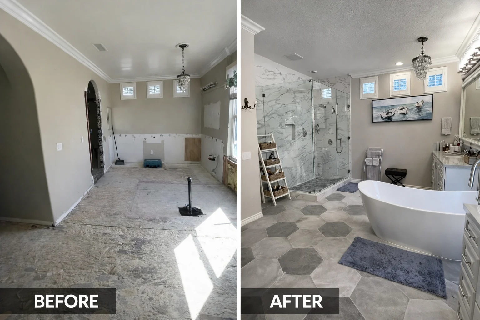 Before and after: Freestanding tub, glass shower, and hexagonal floor tile.