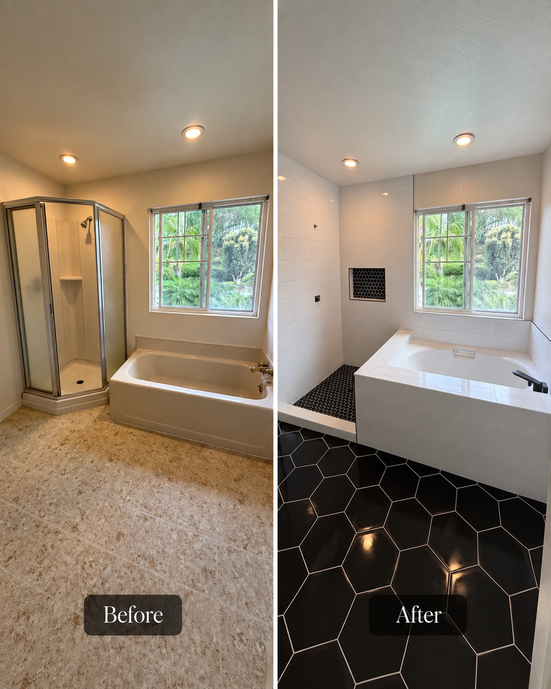 Before and after bathroom renovation with white wall tile, a tiled bathtub surround and contrasting black hexagonal flooring.