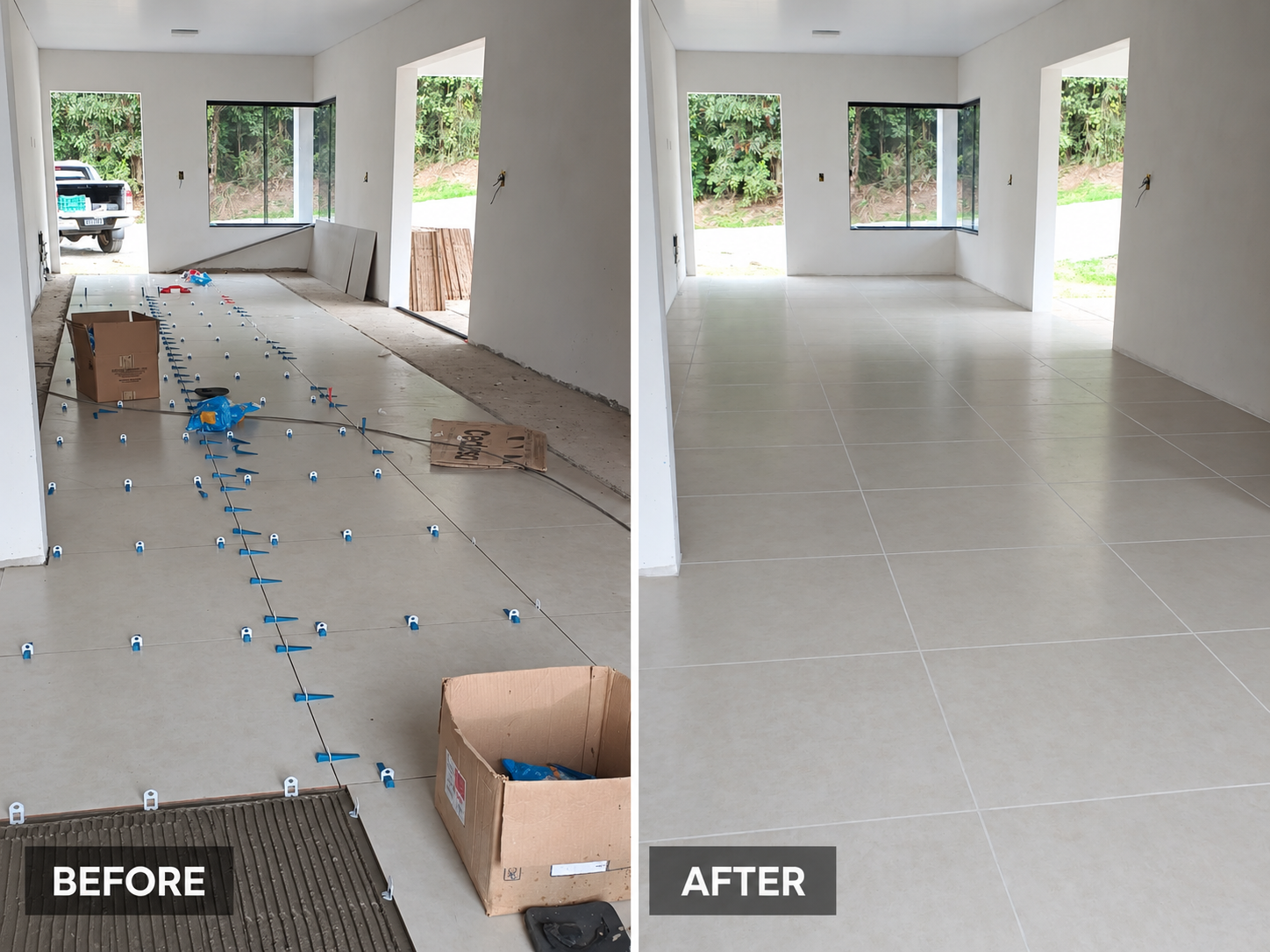 Before and after: large-format floor tile installation from setting to finished surface.
