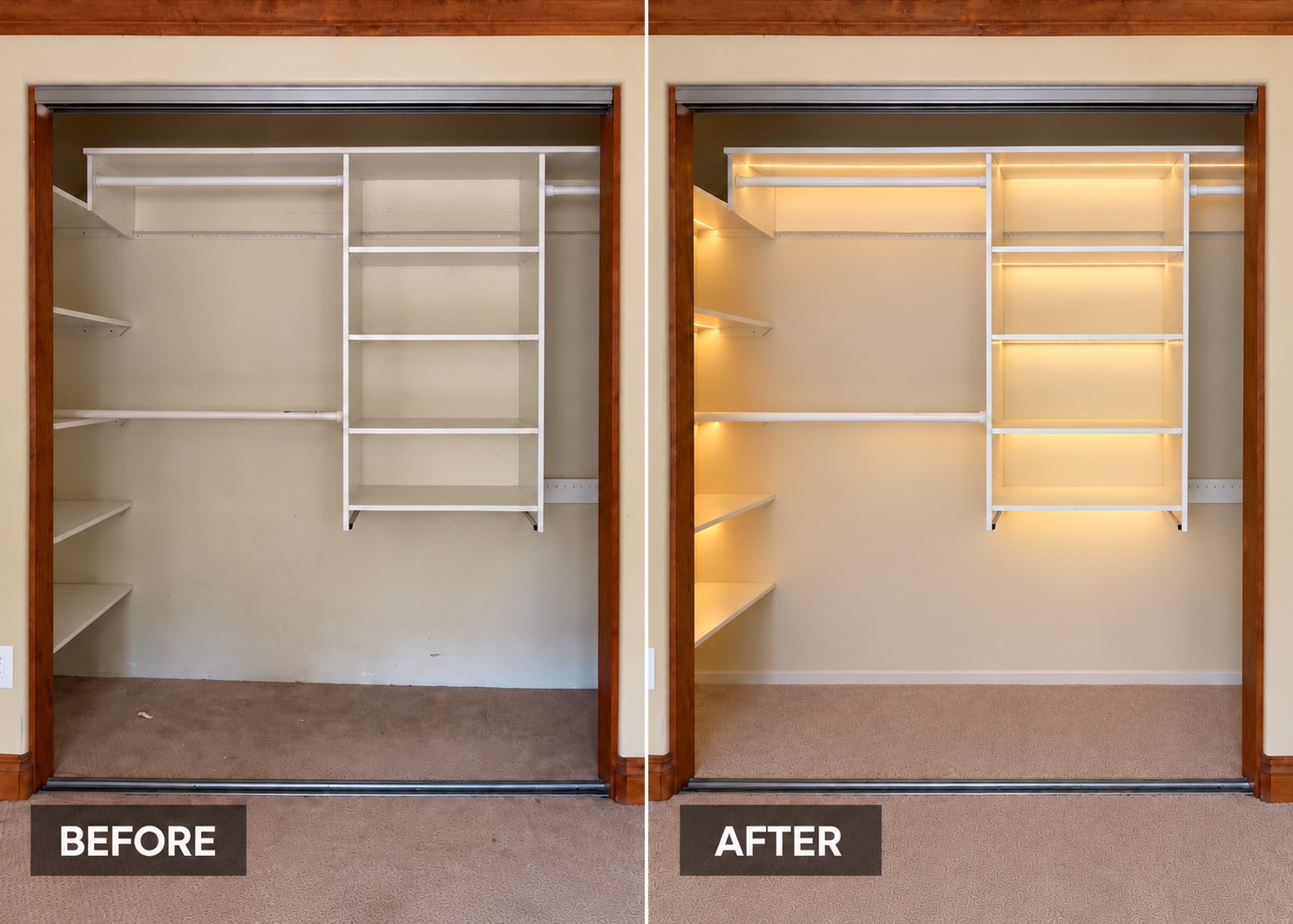 Before and after: refreshed closet shelving with warm integrated lighting.
