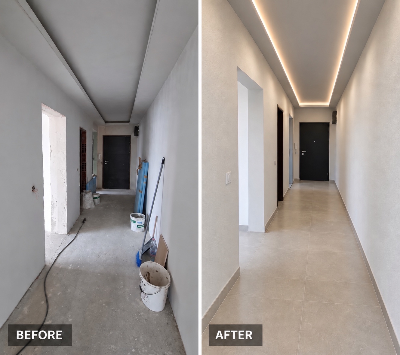Before and after: finished hallway walls, tiled flooring and concealed ceiling lighting.