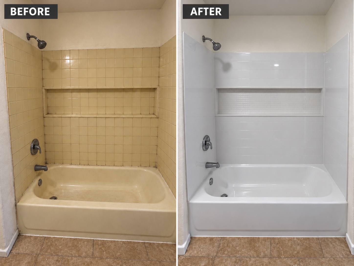 Before and after: refreshed bathtub and bright white tile surround.