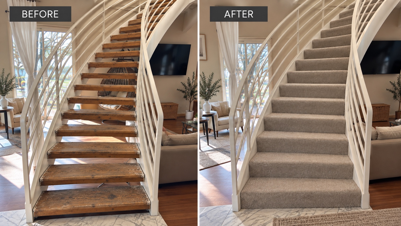 Before and after: carpet installed over the staircase treads and risers.