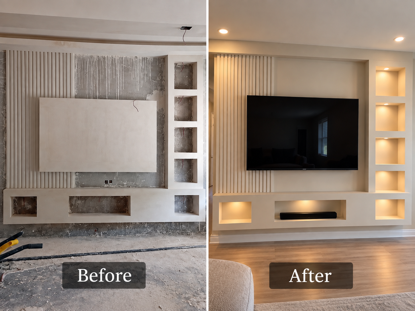 Before and after: a finished media wall with illuminated niches and vertical detailing.