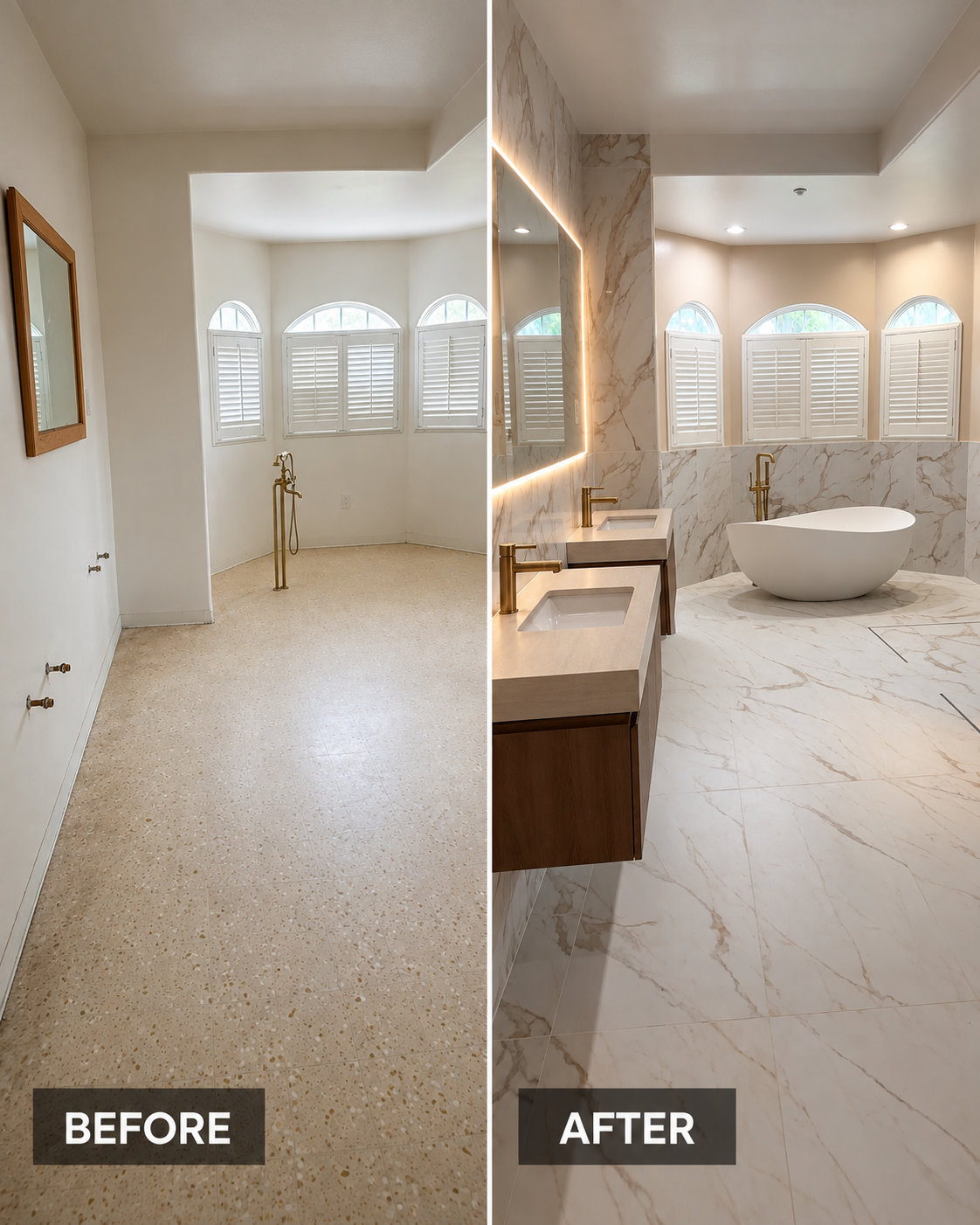 Before and after bathroom remodeling with a freestanding bathtub, marble-look tile, double vanity and illuminated mirror.