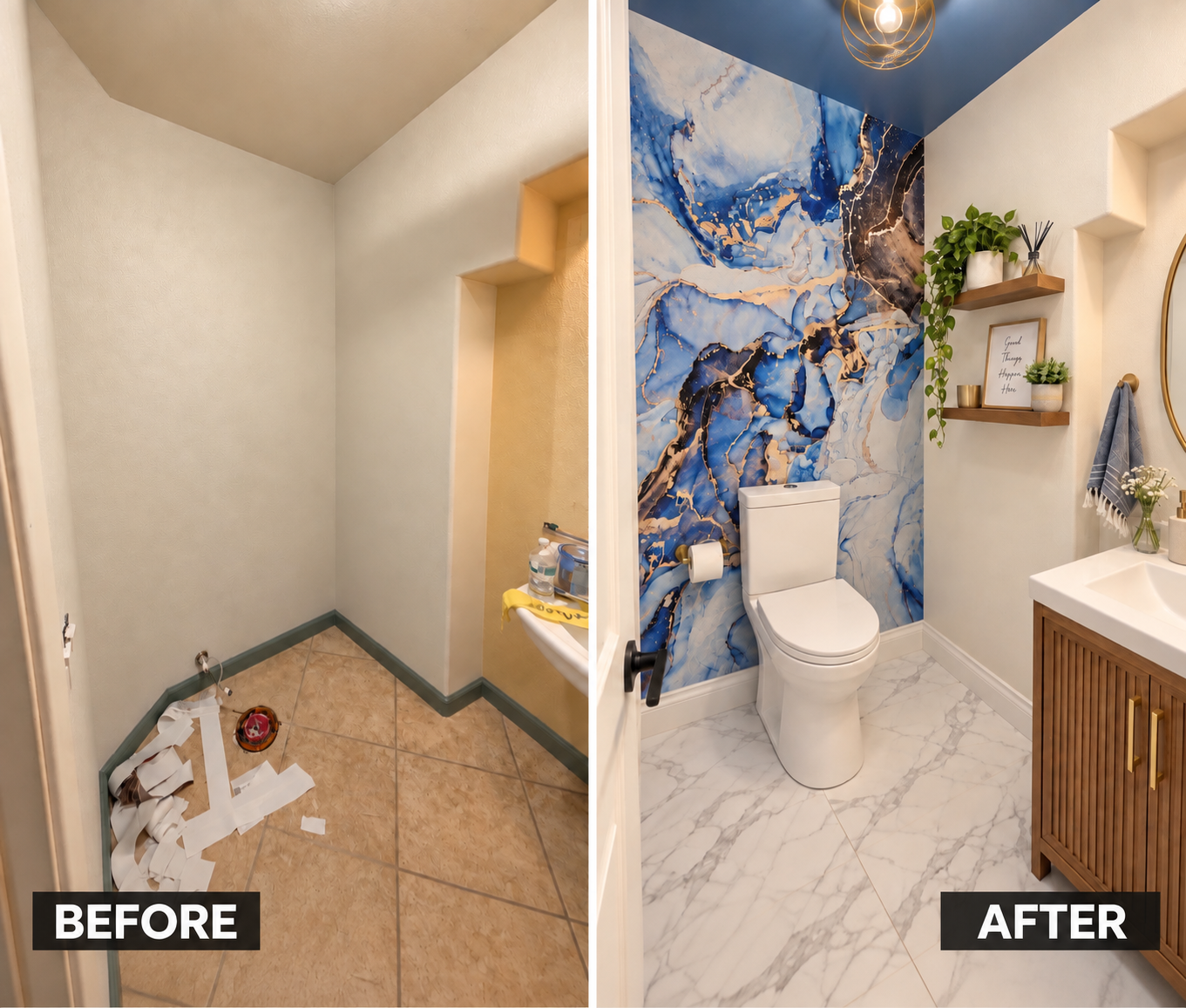 Before and after powder room renovation with a blue and gold accent wall, wood vanity and marble-look flooring.